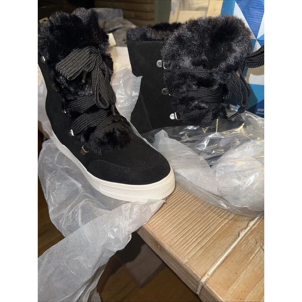 Steve Madden-Women's Wharton-Black/White-Wedge Faux Fur Suede Boots Size 10 NEW